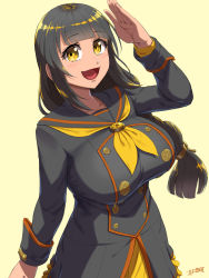 Rule 34 | 1girl, :d, black hair, blunt bangs, blunt ends, breasts, collarbone, highres, large breasts, long hair, long sleeves, low-tied long hair, maki yoshitake, neckerchief, open mouth, original, sailor collar, salute, smile, solo, yellow eyes, yellow neckerchief
