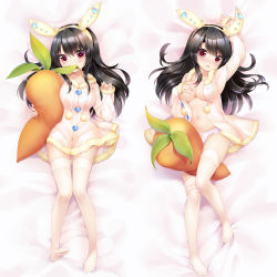 Rule 34 | 1girl, :p, animal ears, artery gear, biting, black hair, blush, breasts, cleavage, dakimakura (medium), fake animal ears, full body, heart, heart-shaped pupils, highres, large breasts, long hair, looking at viewer, mel cyclop, multiple views, mvv, navel, open clothes, panties, pink eyes, pom pom (clothes), rabbit ears, sexually suggestive, smile, symbol-shaped pupils, thighhighs, tongue, tongue out, underwear, white panties, white thighhighs