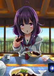 Rule 34 | 10s, 1girl, :o, absurdres, ahoge, amagami (makise tsubaki), animal print, apron, blush, bowl, chestnut mouth, cup, feeding, fish print, foreshortening, hair flaps, highres, incoming food, jewelry, kantai collection, long sleeves, looking at viewer, magatama, mug, necklace, necktie, open mouth, pink eyes, plate, pov feeding, purple hair, railing, red eyes, revision, rice, rice bowl, ring, sidelocks, solo, strap slip, taigei (kancolle), upper body, whale print