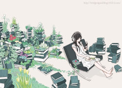 Rule 34 | 1girl, arakawa (aintnoroom), barefoot, black hair, book, book stack, bookmark, closed eyes, digital media player, feet, flower, green theme, headphones, ipod, listening, listening to music, nature, original, overgrown, pale color, plant, simple background, sitting, skirt, solo, too many, too many books, tulip, wallpaper, watermark, web address, white background, white theme