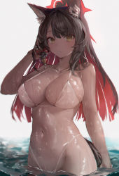 Rule 34 | 1girl, animal ears, backlighting, bad id, bad twitter id, bikini, black hair, blue archive, blunt bangs, breasts, chromatic aberration, cleavage, commentary, duplicate, fox ears, fox girl, fox tail, groin, hair ornament, halo, highres, in water, large breasts, long hair, looking at viewer, multicolored hair, navel, ocean, official alternate costume, parted bangs, parted lips, revision, sidelocks, simple background, sleeveless, solo, spaghetti strap, stomach, swimsuit, tail, two-tone hair, wakamo (blue archive), wakamo (swimsuit) (blue archive), wet, wet clothes, wet swimsuit, white bikini, yellow eyes, yonchan