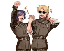 Rule 34 | +++, 2boys, :d, ^ ^, arm up, belt, black wristband, blonde hair, brown jacket, camouflage, camouflage pants, camouflage shirt, char aznable, closed eyes, garma zabi, gundam, hair over one eye, hand on own neck, high collar, holding hands, jacket, kade punch, long sleeves, male focus, mobile suit gundam the origin, multiple boys, open mouth, pants, purple hair, shirt, short hair, simple background, sleeveless, sleeveless jacket, sleeves rolled up, smile, sweat, white background, wristband