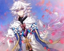 Rule 34 | 1boy, bad id, bad pixiv id, blue sky, capelet, chocoan, closed mouth, day, fate/grand order, fate (series), hooded robe, light rays, long hair, looking at viewer, male focus, merlin (fate/stay night), outdoors, petals, purple eyes, robe, sky, smile, solo, sunbeam, sunlight