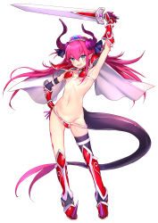 Rule 34 | 10s, 1girl, armor, armpits, asymmetrical horns, bikini armor, black thighhighs, blue eyes, blush, breasts, choker, dragon horns, dragon tail, elizabeth bathory (brave) (fate), elizabeth bathory (fate), fang, fate/extra, fate/extra ccc, fate/grand order, fate (series), gloves, groin, hair between eyes, hair ornament, haishiki, hand on own hip, holding, horns, jewelry, long hair, looking at viewer, loose bikini, navel, open mouth, pink hair, pointy ears, shoes, simple background, smile, solo, spiked shoes, spikes, standing, swimsuit, sword, tail, thighhighs, two side up, uneven horns, weapon, white background
