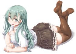 Rule 34 | 1girl, aqua eyes, aqua hair, arm support, ass, blush, breast press, breasts, brown skirt, brown thighhighs, cleavage, crossed legs, dd (ijigendd), hair between eyes, hair ornament, hairclip, highres, kantai collection, long hair, looking at viewer, lying, medium breasts, on stomach, open mouth, pleated skirt, school uniform, shadow, shirt, short sleeves, skirt, smile, solo, suzuya (kancolle), the pose, thighhighs, white shirt