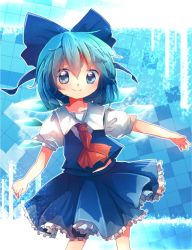 Rule 34 | 1girl, ascot, blue eyes, blue hair, bow, checkered background, cirno, gradient background, hair bow, highres, ice, ice wings, looking at viewer, matching hair/eyes, nanahamu, outstretched arm, puffy short sleeves, puffy sleeves, short hair, short sleeves, skirt, skirt set, smile, solo, star (symbol), starry background, touhou, wings