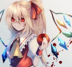 Rule 34 | 1girl, absurdres, apple, ascot, blonde hair, blood, blurry, crystal, depth of field, flandre scarlet, food, fruit, gradient background, grey background, hair between eyes, hair ribbon, highres, holding, looking at viewer, maho moco, no headwear, puffy short sleeves, puffy sleeves, red eyes, red ribbon, red vest, ribbon, shirt, short sleeves, smile, solo, touhou, upper body, vest, wings, wrist cuffs