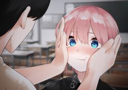 Rule 34 | 1boy, 1girl, :t, absurdres, black hair, black shirt, blue eyes, blurry, blurry background, blush, classroom, close-up, closed mouth, commentary request, double-parted bangs, eyebrows hidden by hair, go-toubun no hanayome, hair between eyes, hands on another&#039;s cheeks, hands on another&#039;s face, hetero, highres, indoors, looking at another, mame1645, nakano ichika, nose blush, pink hair, shirt, short hair, tearing up, tears, uesugi fuutarou, upper body, white shirt, wide-eyed