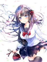 Rule 34 | 1girl, bag, bag charm, black hair, black sailor collar, black skirt, black thighhighs, blue eyes, blush, bow, bowtie, braid, breasts, charm (object), closed mouth, commentary request, floating hair, hair bow, holding, keepout, long hair, long sleeves, looking at viewer, medium breasts, original, pleated skirt, red bow, red bowtie, sailor collar, school bag, school uniform, serafuku, shirt, skirt, solo, thighhighs, very long hair, wavy mouth, white background, white shirt