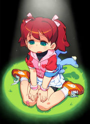 Rule 34 | 1girl, :o, bandaid, bandaid on knee, bandaid on leg, bike shorts, breasts, child, empty eyes, green eyes, heart, heart print, jacket, om (nk2007), on grass, red hair, saru getchu, sayaka (saru getchu), shoes, short sleeves, sitting, skirt, small breasts, sneakers, solo, spotlight, torn clothes, twintails, v-neck, wariza, wristband
