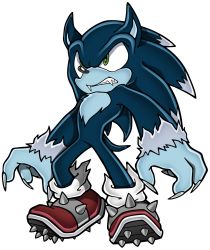 Rule 34 | 1boy, animal ears, blue skin, claws, cleats, colored skin, commentary, fangs, furry, furry male, green eyes, highres, male focus, official style, parody, rb (sparkleee-sprinkle), solo, sonic (series), sonic the hedgehog, sonic unleashed, style parody, tail, transparent background, werehog