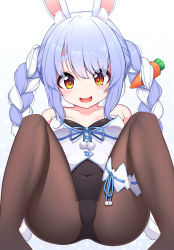Rule 34 | 1girl, absurdres, animal ear fluff, animal ears, ass, bare shoulders, black leotard, black pantyhose, blouse, blue hair, braid, breasts, bridal garter, carrot, carrot hair ornament, covered navel, food-themed hair ornament, hair ornament, highres, hololive, knees up, leaning back, legs, leotard, long braid, long hair, open mouth, pantyhose, rabbit-shaped pupils, rabbit ears, rabbit girl, red eyes, shirt, simple background, sitting, smile, solo, spread legs, strapless, strapless leotard, symbol-shaped pupils, thick eyebrows, thighs, twin braids, twintails, usada pekora, usada pekora (1st costume), very long hair, virtual youtuber, white background, white shirt, zangi (lkt2012)