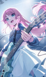 Rule 34 | 1girl, absurdres, artist name, audio cable, backlighting, bang dream!, bang dream! it&#039;s mygo!!!!!, blue shirt, blush, chihaya anon, cropped shirt, dango remi, electric guitar, fingernails, floating hair, frilled sailor collar, frills, guitar, highres, instrument, long hair, looking ahead, midriff, music, nail polish, pink hair, playing instrument, sailor collar, shirt, signature, skirt, smile, solo, very long hair, white skirt