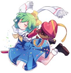 Rule 34 | 1girl, ascot, blue dress, blush, bow, box, brown footwear, candy, chocolate, chocolate heart, closed eyes, commentary request, confetti, cookie (touhou), daiyousei, diyusi (cookie), dress, dual wielding, food, frilled dress, frills, full body, gloves, hair bow, heart, heart-shaped box, holding, jumping, medium hair, open mouth, pinafore dress, ponytail, scarf, shoes, simple background, sleeveless dress, socks, solo, touhou, traffic baton, white background, white gloves, white scarf, white socks, xox xxxxxx, yellow ascot, yellow bow