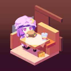Rule 34 | 1girl, absurdres, bow, burger, cheese, crescent, cup, disposable cup, dress, farrel kb, food, fumo (doll), gradient background, hat, highres, isometric, long hair, mob cap, multiple girls, patchouli knowledge, purple eyes, purple hair, ribbon, simple background, sitting, solo, touhou