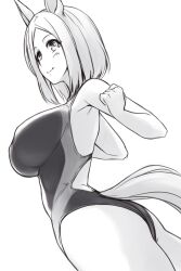 Rule 34 | 1girl, animal ears, back cutout, breasts, clothing cutout, competition swimsuit, cowboy shot, from side, greyscale, horse ears, horse girl, horse tail, large breasts, monochrome, multicolored clothes, multicolored swimsuit, narita top road (umamusume), one-piece swimsuit, pataneet, short hair, simple background, smile, solo, swimsuit, tail, umamusume, white background