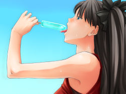 Rule 34 | 00s, 1girl, aqua background, bare shoulders, black hair, blue eyes, fate/stay night, fate (series), food, licking, long hair, nazo kichi, popsicle, profile, saliva, sexually suggestive, simple background, solo, sweat, tohsaka rin, tongue, tongue out, upper body