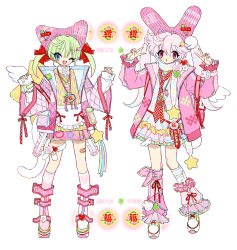 Rule 34 | 2000s (style), 2girls, :o, angel wings, animal ears, apron, aranotchi, argyle, argyle clothes, argyle jacket, asymmetrical legwear, bandaid on thigh, beanie, belt, blouse, blue eyes, blue shirt, blush stickers, bow, bridal garter, buttons, cat ears, cat necklace, cat tail, center frills, checkered necktie, clover, collar, collared jacket, commentary request, cross-laced footwear, double-parted bangs, double v, ear covers, fingernails, flat color, four-leaf clover, frilled apron, frilled ribbon, frilled skirt, frilled sleeves, frills, full body, grey hair, hair bow, hair ornament, hairclip, hat, heart, heart hair ornament, heart print, highres, jacket, jewelry, kneehighs, layered sleeves, leg belt, leg ribbon, long hair, long sleeves, looking at viewer, miniskirt, mismatched legwear, multiple belts, multiple girls, necktie, one eye closed, open clothes, open jacket, open mouth, original, pendant, pink belt, pink eyes, pink hair, pink hat, pink jacket, pink leg warmers, pink nails, pink ribbon, pink skirt, pink sleeves, pink socks, pleated skirt, pom pom (clothes), pom pom hair ornament, rabbit ears, rabbit tail, red bow, red necktie, red ribbon, ribbon, ribbon legwear, shirt, shoes, short twintails, simple background, single wing, skirt, sleeves past wrists, smile, sneakers, socks, star (symbol), star hair ornament, star print, striped clothes, striped vest, sweater vest, tail, twintails, v, v-neck, vertical-striped clothes, vertical-striped vest, vest, waist apron, waist bow, watch, white apron, white background, white collar, white footwear, white garter, white shirt, white sleeves, white socks, white wings, wings, wristwatch, yellow vest