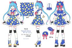 Rule 34 | 1girl, :3, :d, anchor, animal ears, arms at sides, bandaid, bandaid on arm, bandaid on leg, beret, black gloves, blue eyes, blue footwear, blue hair, blue headwear, blue sailor collar, blue skirt, bow, bowtie, cat ears, charm (object), commentary request, fingerless gloves, frilled skirt, frills, gloves, hair ornament, hat, hat bow, hatsune miku, high-waist skirt, highres, knee pads, lemon print, long hair, multiple views, open mouth, polka dot bowtie, pom pom (clothes), pom pom hair ornament, print headwear, project sekai, red bow, red bowtie, roller skates, sailor collar, shirt, short sleeves, simple background, skates, skirt, smile, socks, sparkling eyes, suspenders, suspenders slip, twintails, very long hair, vocaloid, waka (wk4444), white background, white shirt, white socks, wonderlands x showtime (project sekai), wonderlands x showtime miku