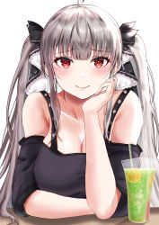Rule 34 | 1girl, absurdres, akuakuran, azur lane, bare shoulders, blush, breasts, cleavage, commentary request, eyelashes, formidable (azur lane), grey hair, hair between eyes, hair ornament, hair ribbon, highres, large breasts, looking at viewer, red eyes, ribbon, solo, twintails