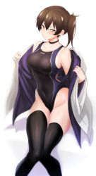 Rule 34 | 1girl, alternate costume, bare shoulders, black one-piece swimsuit, black thighhighs, blue one-piece swimsuit, blush, breasts, brown eyes, brown hair, character name, choker, closed eyes, collarbone, competition swimsuit, covered navel, hair between eyes, highleg, highleg swimsuit, highres, hip focus, jacket, kaga (kancolle), kantai collection, large breasts, long hair, looking at viewer, off shoulder, one-piece swimsuit, open clothes, open jacket, side ponytail, simple background, sitting, solo, swimsuit, thighhighs, thighs, two-tone swimsuit, ulrich (tagaragakuin), white background, white jacket, wide sleeves