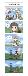 Rule 34 | 4koma, absurdres, bare shoulders, black gloves, blonde hair, breasts, canadiananiguy, chest jewel, cleavage, cleavage cutout, clothing cutout, comic, dress, elbow gloves, english text, fingerless gloves, gloves, highres, large breasts, long hair, mythra (xenoblade), parody, pyra (xenoblade), red eyes, red hair, red shorts, rex (xenoblade), short dress, short hair, short shorts, shorts, swept bangs, the simpsons, tiara, very long hair, white dress, white gloves, xenoblade chronicles (series), xenoblade chronicles 2, yellow eyes
