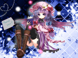 Rule 34 | 1girl, black thighhighs, book, boots, bow, crescent, cross-laced footwear, dress, female focus, hair bow, hair ribbon, hat, heart, lace-up boots, long hair, oumi hi, panties, patchouli knowledge, purple eyes, purple hair, ribbon, smile, solo, striped clothes, striped panties, thighhighs, touhou, underwear