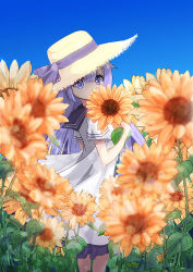 Rule 34 | 1girl, azur lane, black sailor collar, blurry, blurry foreground, brown hat, commentary request, covered mouth, day, depth of field, dress, field, flower, flower field, flower over mouth, frilled dress, frills, hair between eyes, hat, hat ribbon, holding, holding flower, long hair, looking at viewer, looking to the side, orange flower, outdoors, purple eyes, purple hair, purple ribbon, ribbon, sailor collar, sailor dress, short sleeves, sidelocks, solo, standing, straw hat, sukireto, sunflower, sunflower field, unicorn (azur lane), very long hair, white dress