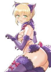 Rule 34 | 1girl, ahoge, animal ears, artoria pendragon (all), artoria pendragon (fate), ass, blonde hair, blush, bow, braid, breasts, cosplay, crown braid, elbow gloves, fang, fate/grand order, fate (series), gloves, green eyes, hair between eyes, hair bun, hair ribbon, highres, lace, lace-trimmed legwear, lace trim, mash kyrielight, mash kyrielight (dangerous beast), mash kyrielight (dangerous beast) (cosplay), medium breasts, o-ring, official alternate costume, open mouth, purple gloves, purple thighhighs, ribbon, saber (fate), short hair, sideboob, simple background, single hair bun, solo, tail, thighhighs, white background, wolf ears, wolf tail, yunsang