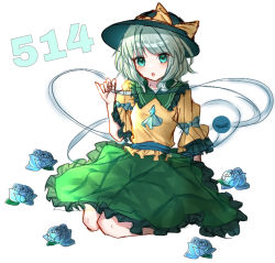 Rule 34 | 1girl, aqua eyes, aqua hair, artist request, bad id, bad pixiv id, black hat, blouse, blue flower, blue rose, blush, bow, buttons, commentary request, diamond button, eyeball, flower, frilled shirt collar, frilled skirt, frilled sleeves, frills, full body, green eyes, green skirt, hat, hat bow, hat ribbon, highres, koishi day, komeiji koishi, looking at viewer, medium hair, open mouth, ribbon, rose, seiza, shirt, simple background, sitting, skirt, solo, third eye, touhou, wavy hair, white background, wide sleeves, yellow bow, yellow ribbon, yellow shirt
