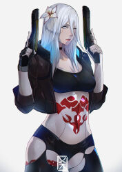 Rule 34 | 1girl, android, black shorts, black sports bra, black thighhighs, blue eyes, breasts, chaps, commentary request, cyberpunk (series), cyberpunk 2077, dual wielding, expressionless, fingerless gloves, flower, gloves, grey hair, gun, hair between eyes, hair flower, hair ornament, hibiscus, highres, holding, holding gun, holding weapon, joints, leg tattoo, linea alba, lips, long hair, medium breasts, mole, mole under mouth, navel, nier:automata, nier (series), pale skin, robot joints, samurai jacket (cyberpunk), short shorts, shorts, sleeves pushed up, solo, sports bra, stomach tattoo, tattoo, thighhighs, trait connection, trigger discipline, weapon, white background, xuuikie ashe, a2 (nier:automata)