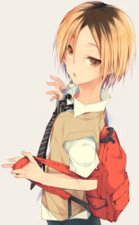 Rule 34 | 10s, 1boy, backpack, bad id, bad pixiv id, bag, blonde hair, blurry, brown hair, depth of field, haikyuu!!, kozume kenma, male focus, multicolored hair, mzyk, necktie, open mouth, school uniform, simple background, solo, sweater vest, two-tone hair, yellow eyes