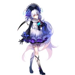 Rule 34 | 1girl, albino, benghuai xueyuan, black gloves, black hairband, bloomers, blue fire, closed mouth, dress, fire, flower-shaped pupils, full body, gloves, hairband, honkai (series), long hair, looking at viewer, luna sylpheria, official art, purple bloomers, purple dress, red eyes, solo, symbol-shaped pupils, third-party source, white dress, white hair
