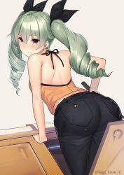 Rule 34 | 1girl, anchovy (girls und panzer), arm support, ass, bare arms, bare shoulders, black ribbon, blush, brown eyes, casual, closed mouth, denim, drill hair, from behind, girls und panzer, green hair, hair between eyes, hair ribbon, halterneck, highres, holding, jeans, kagematsuri, leaning forward, long hair, looking at viewer, looking back, military, military vehicle, mole, mole under eye, motor vehicle, pants, pocket, ribbon, simple background, smile, solo, tank, twintails, white background