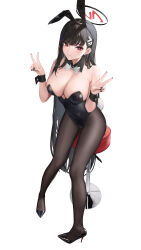 Rule 34 | 1girl, abab xiaxia, absurdres, alternate costume, animal ears, black footwear, black hair, black leotard, black pantyhose, blue archive, blush, bow, bowtie, breasts, cleavage, commentary, detached collar, double v, fake animal ears, fingernails, full body, halo, high heels, highres, large breasts, leotard, long hair, looking at viewer, nail polish, pantyhose, playboy bunny, rabbit ears, rabbit tail, red eyes, rio (blue archive), simple background, solo, stool, straight hair, sweatdrop, symbol-only commentary, tail, v, very long hair, white background, white bow, white bowtie