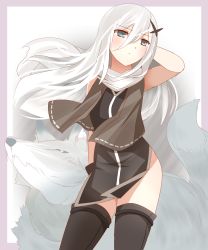 Rule 34 | 1girl, absurdres, animal, animal ear fluff, arm behind head, bare arms, bare shoulders, black dress, black thighhighs, blue eyes, blush, closed mouth, dress, floating hair, grey jacket, hair between eyes, hair ornament, hand up, highres, jacket, long hair, looking away, looking to the side, ninja, non (wednesday-classic), open clothes, open jacket, original, pelvic curtain, scarf, silver hair, sleeveless, sleeveless dress, sleeveless jacket, solo, thighhighs, very long hair, white scarf, wolf