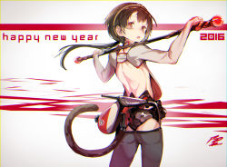 Rule 34 | 10s, 1boy, 2016, :o, absurdres, ass, bad id, bad pixiv id, bare back, brown eyes, brown hair, chromatic aberration, cowboy shot, from behind, gears, hairband, happy new year, headband, highres, long hair, looking at viewer, looking back, low ponytail, lowleg, lowleg pants, machinery, male focus, monkey tail, new year, open mouth, original, over shoulder, pants, polearm, ponytail, sabaku no tanuki, solo, tail, trap, weapon