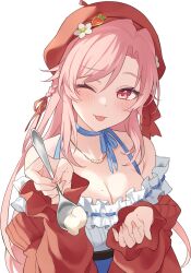 Rule 34 | 1girl, :p, bare shoulders, blush, braid, breasts, cleavage, dress, frilled dress, frills, hat, highres, holding, holding spoon, indie virtual youtuber, jacket, long hair, looking at viewer, mole, mole on breast, mole under eye, nini yuuna, nini yuuna (5th costume), off shoulder, one eye closed, open mouth, red beret, red eyes, red hat, red jacket, simple background, solo, spoon, teti, tongue, tongue out, virtual youtuber, white background