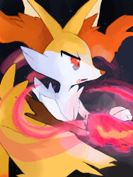 Rule 34 | 1girl, animal ear fluff, animal ears, animal nose, body fur, braixen, cowboy shot, creatures (company), fang, female focus, fire, fox ears, fox girl, fox tail, from side, furry, furry female, game freak, gen 6 pokemon, highres, holding, holding stick, looking to the side, nintendo, open mouth, pokemon, pokemon (creature), pyrokinesis, red eyes, skin fang, snout, solo, standing, stick, tail, two-tone fur, white fur, yellow fur, zen (koko)