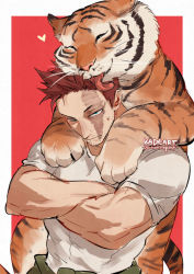 Rule 34 | 1boy, animal, animal on shoulder, beard, blue eyes, boku no hero academia, border, burn scar, crossed arms, endeavor (boku no hero academia), facial hair, facial scar, frown, green jumpsuit, heart, jumpsuit, jumpsuit around waist, kadeart, licking, licking another&#039;s head, male focus, mature male, muscular, muscular male, mustache, narrowed eyes, outside border, red background, red hair, scar, scar across eye, scar on cheek, scar on face, scar on mouth, shirt, sideburns, solo, spiked hair, stubble, t-shirt, tied sleeves, tiger, twitter username, two-tone background, upper body, white border, white shirt