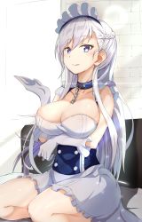 Rule 34 | 1girl, absurdres, azur lane, belfast (azur lane), blue eyes, bonnet, breasts, brick wall, chain, cleavage, collar, gloves, highres, ick, j yak47, large breasts, long hair, solo, wavy mouth, white hair