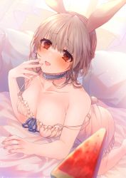 Rule 34 | 1girl, animal ears, bare arms, bare shoulders, bed sheet, blue choker, blue ribbon, blush, breasts, brown hair, choker, cleavage, collarbone, commentary request, dress, fang, feet out of frame, frilled choker, frilled dress, frills, hand up, highres, looking at viewer, medium breasts, neck ribbon, open mouth, original, pillow, rabbit ears, red eyes, ribbon, shikino yuki, sleeveless, sleeveless dress, solo, strap slip, watermelon, watermelon slice, white dress
