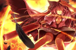Rule 34 | 1girl, arm cannon, arm up, bow, breasts, cape, cleavage, feathers, female focus, gradient background, hair bow, open clothes, open shirt, radiation symbol, red eyes, red hair, reiuji utsuho, shirt, solo, sorano eika, third eye, touhou, upskirt, weapon, wings