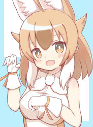Rule 34 | 1girl, :d, animal ear fluff, animal ears, bare shoulders, blue background, blush, breasts, brown eyes, brown hair, commentary request, dhole (kemono friends), gloves, highres, kemono friends, long hair, looking at viewer, medium breasts, multicolored hair, open mouth, shirt, sleeveless, sleeveless shirt, smile, solo, sunanuko (ramuneko), two-tone background, two-tone hair, upper body, white background, white gloves, white hair, white shirt