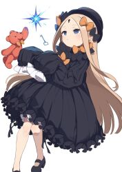 Rule 34 | 1girl, abigail williams (fate), black bow, black dress, black hat, blonde hair, bloomers, blue eyes, blush, bow, breasts, dress, fate/grand order, fate (series), forehead, gamuo, hair bow, hat, key, keyhole, long hair, long sleeves, open mouth, orange bow, parted bangs, ribbed dress, sleeves past fingers, sleeves past wrists, small breasts, solo, stuffed animal, stuffed toy, teddy bear, underwear, white bloomers