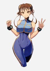 Rule 34 | 1girl, bare shoulders, blue unitard, breasts, brown eyes, brown hair, bun cover, capcom, chinese clothes, chun-li, closed mouth, covered navel, cropped legs, double bun, hair bun, highres, jewelry, kuroi susumu, large breasts, long hair, looking at viewer, official alternate costume, skin tight, smile, solo, street fighter, street fighter zero (series), studded bracelet, unitard, v, vest, wide hips