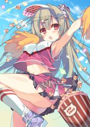 Rule 34 | 1girl, arm up, armpits, ass, blush, brown hair, cheerleader, commentary request, crop top, fang, hair ornament, hairclip, highres, hisaka hazara, long hair, looking at viewer, midriff, moe2016, navel, open mouth, original, pom pom (cheerleading), popcorn, red eyes, scrunchie, shoes, skirt, sleeveless, sneakers, solo, visor cap
