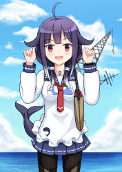 Rule 34 | 10s, 1girl, :d, absurdres, ahoge, anna sakura, apron, black pantyhose, blue skirt, blue sky, cetacean tail, clenched hands, cloud, crane (machine), day, fins, fish tail, hands up, highres, jewelry, kantai collection, kappougi, looking at viewer, neckerchief, necklace, ocean, open mouth, pantyhose, pleated skirt, purple eyes, red eyes, sailor collar, skirt, sky, smile, solo, taigei (kancolle), tail