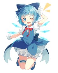 Rule 34 | 1girl, ;d, absurdres, arm up, back bow, bloomers, blue bow, blue dress, blue eyes, blue footwear, blue hair, blue ribbon, blush, bow, bowtie, breasts, bridal garter, buttons, cirno, collaboration, collared shirt, dress, earrings, eyebrows, frilled gloves, frilled skirt, frilled sleeves, frills, full body, gloves, hair bow, hair ribbon, high heels, highres, ice, ice wings, igayan, jewelry, jpeg artifacts, knees together feet apart, looking at viewer, notice lines, one eye closed, open mouth, outstretched arm, paragasu (parags112), puffy short sleeves, puffy sleeves, red bow, red bowtie, red ribbon, ribbon, salute, shirt, shoes, short hair, short sleeves, sidelocks, simple background, skirt, sleeveless, sleeveless dress, small breasts, smile, solo, sparkle, stud earrings, teeth, thigh gap, touhou, underwear, white background, white gloves, white shirt, wings, wink