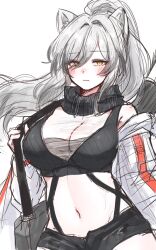 Rule 34 | 1girl, animal ears, arknights, bare shoulders, black scarf, black shorts, blush, breasts, cat ears, cleavage, closed mouth, cowboy shot, crop top, eyes visible through hair, greyscale, hair over one eye, highres, hyeroin, jacket, large breasts, long sleeves, looking at viewer, looking back, monochrome, navel, open clothes, open jacket, revealing clothes, scarf, schwarz (arknights), see-through, shorts, simple background, sketch, solo, striped, vertical stripes, white background, white jacket, yellow eyes